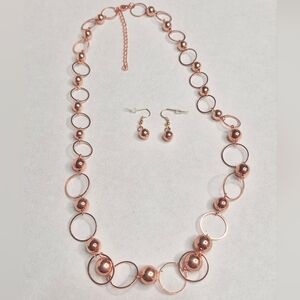 Rose Gold Circle Link Necklace and Earrings Set - Women Jewelry